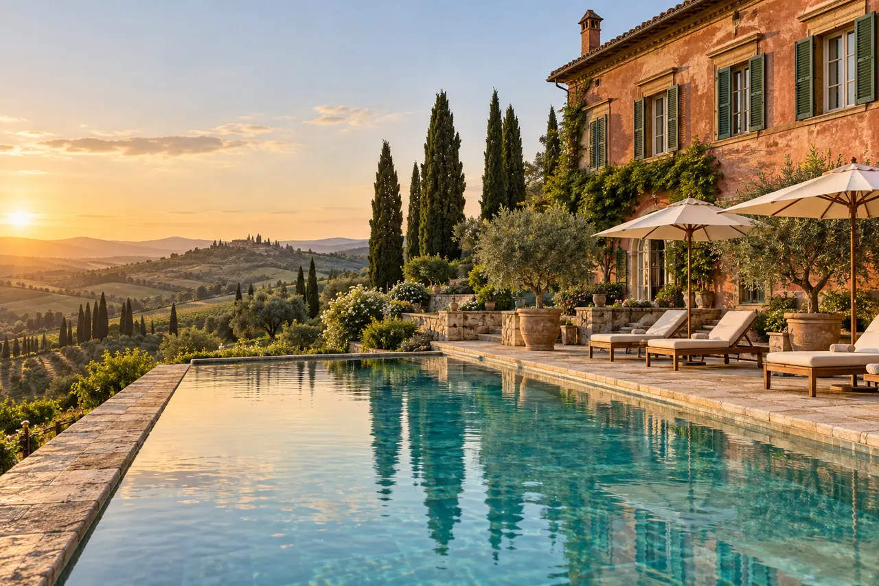 Terrakottafarbene Villa mit Pool und Blick auf die toskanischen Hügel